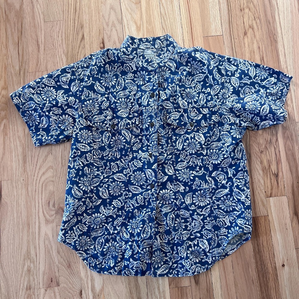 vintage 90s blue floral short sleeve‎ button down cotton shirt Petite small - Picture 12 of 12